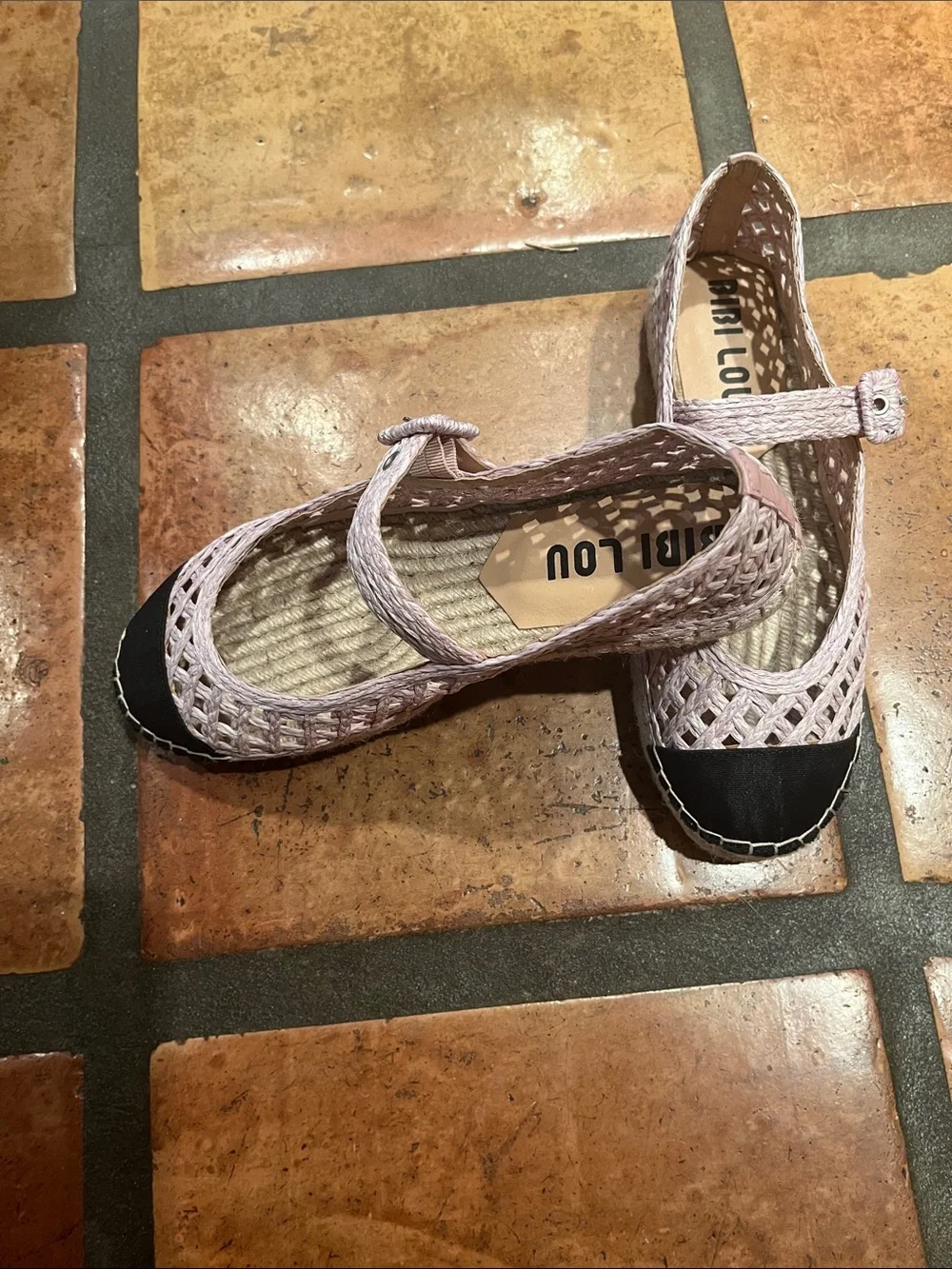 Bibi Lou Pink Woven Espadrille Mary Janes with Black Cap Toe never worn